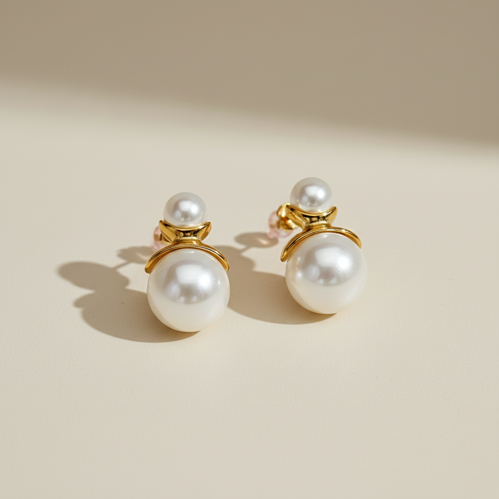 Double Pearl Stud Earrings with Gold Accent