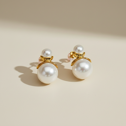 Double Pearl Stud Earrings with Gold Accent