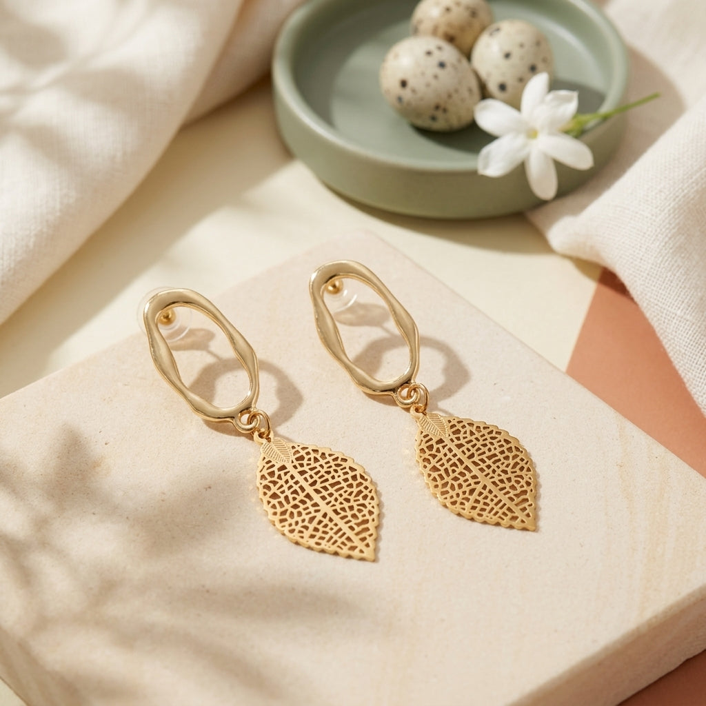 Golden Filigree Leaf Drop Earrings