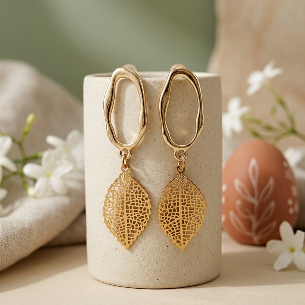 Golden Filigree Leaf Drop Earrings