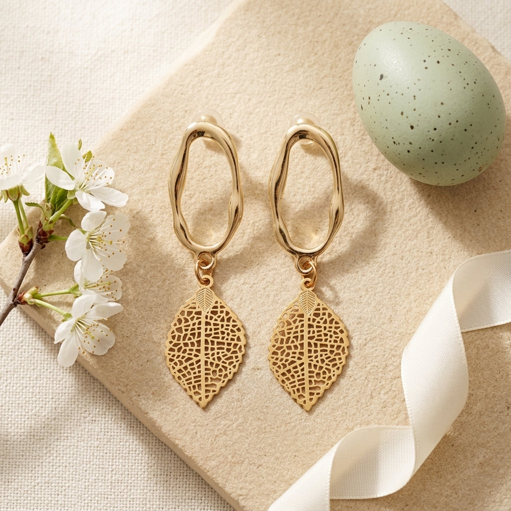 Golden Filigree Leaf Drop Earrings