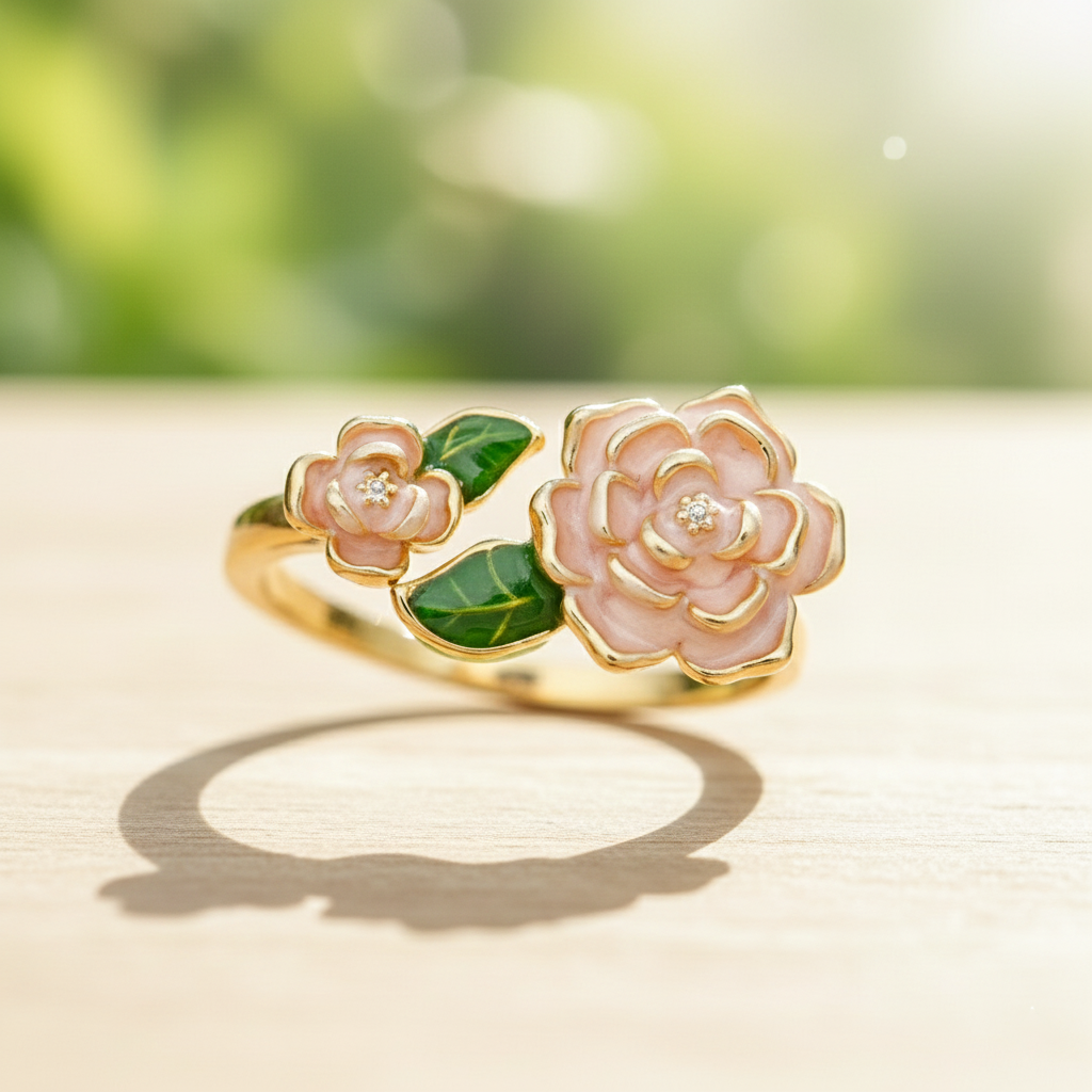 Pink Rose Flower Enamel Ring