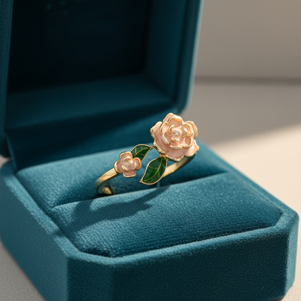 Pink Rose Flower Enamel Ring