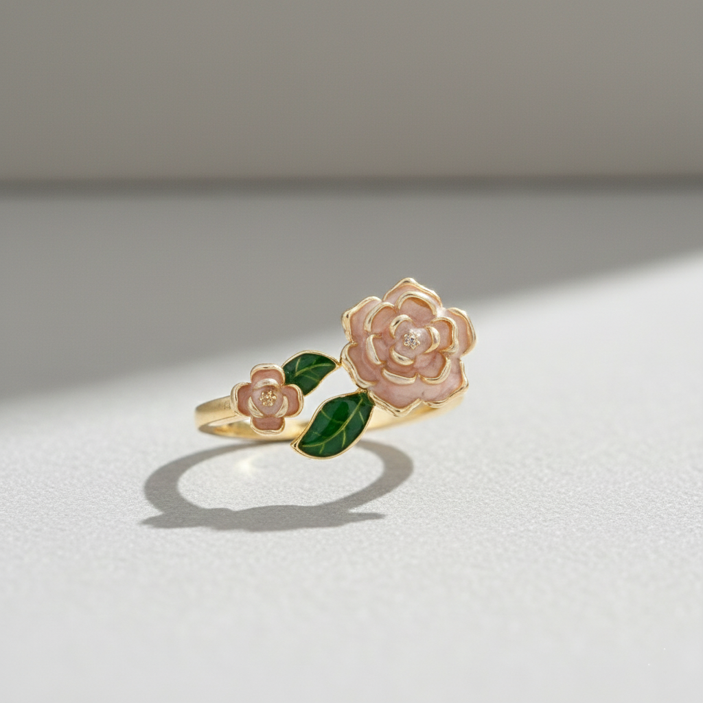 Pink Rose Flower Enamel Ring