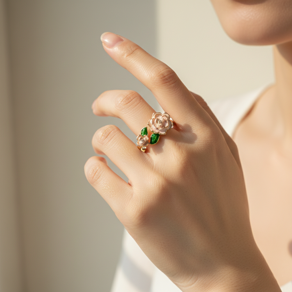 Pink Rose Flower Enamel Ring