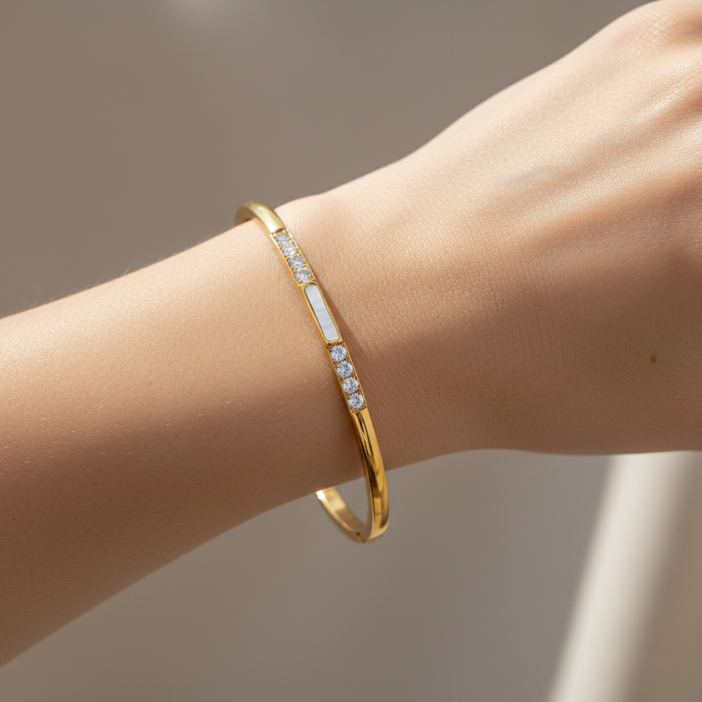 Mother Of Pearl Bangle With Moissanite Diamond