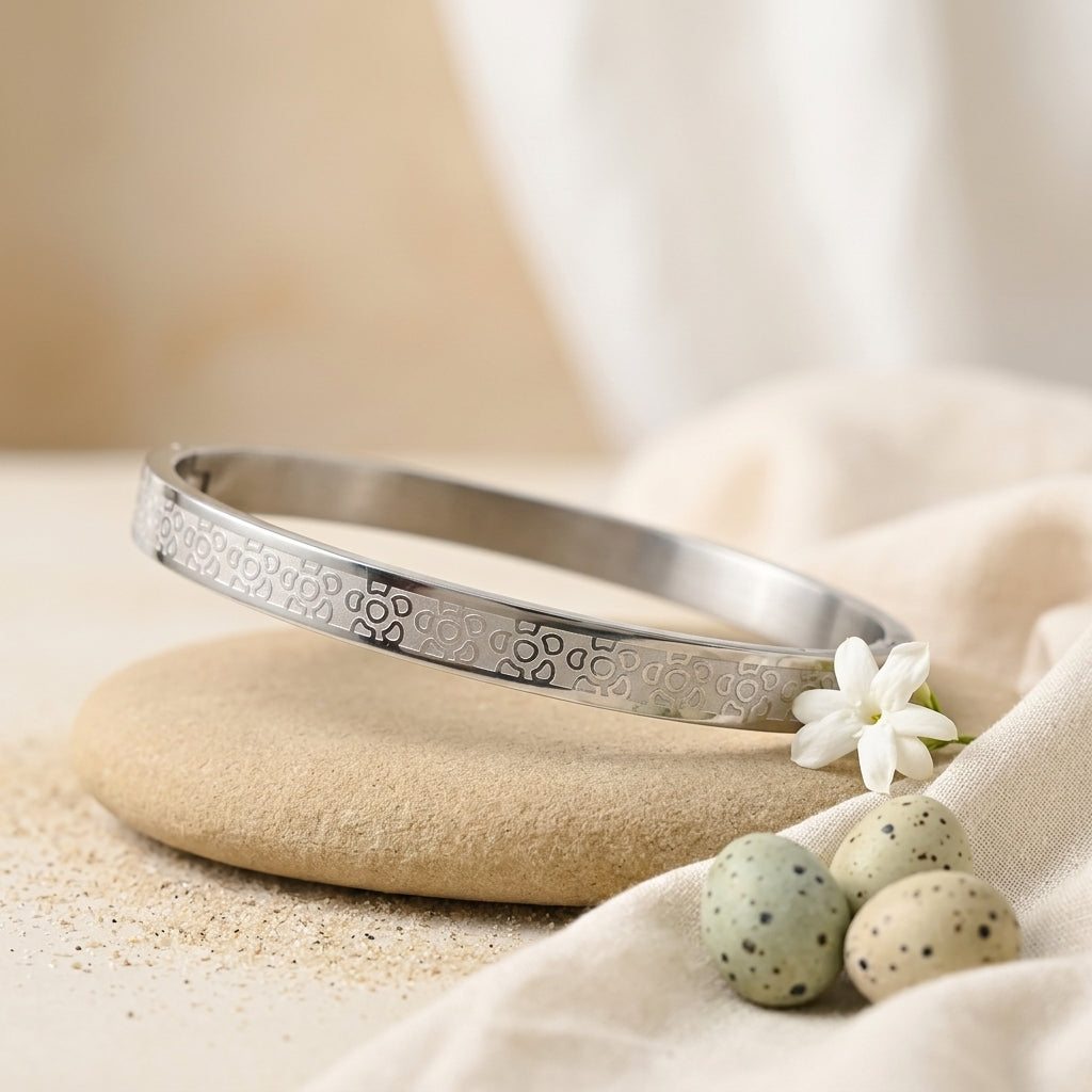 Engraved Silver Pattern Bangle Bracelet