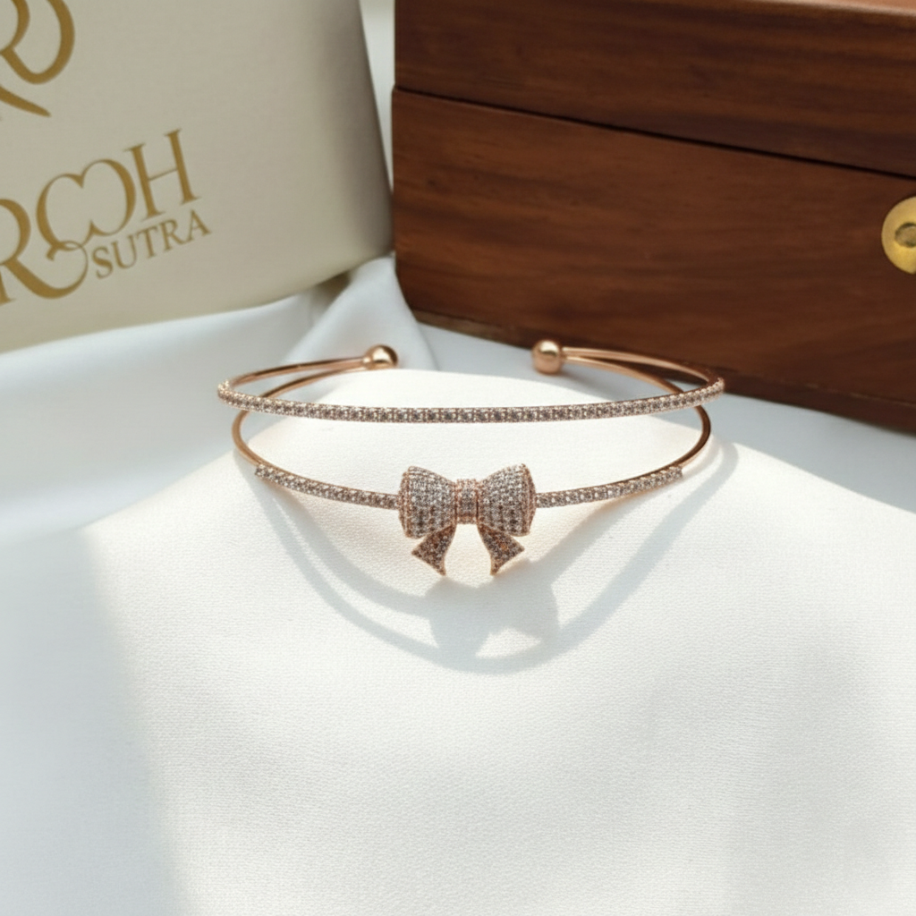 Rose Gold Bow Diamond Cuff Bangle