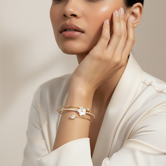 Flower Motif Cuff Bangle Bracelet With Moissanite Diamond