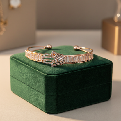 Hamsa & Baguette Crystal Open Cuff Bracelet