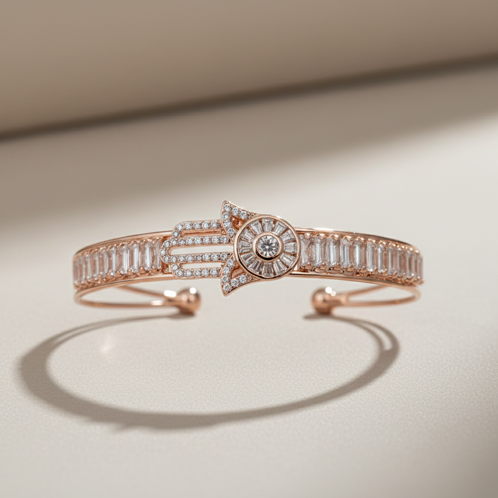 Hamsa & Baguette Crystal Open Cuff Bracelet