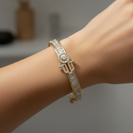 Hamsa & Baguette Crystal Open Cuff Bracelet