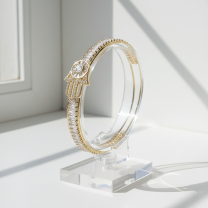 Hamsa & Baguette Crystal Open Cuff Bracelet