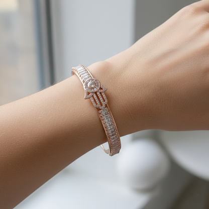 Hamsa & Baguette Crystal Open Cuff Bracelet
