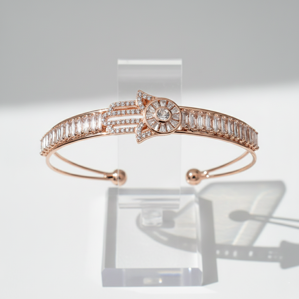 Hamsa & Baguette Crystal Open Cuff Bracelet