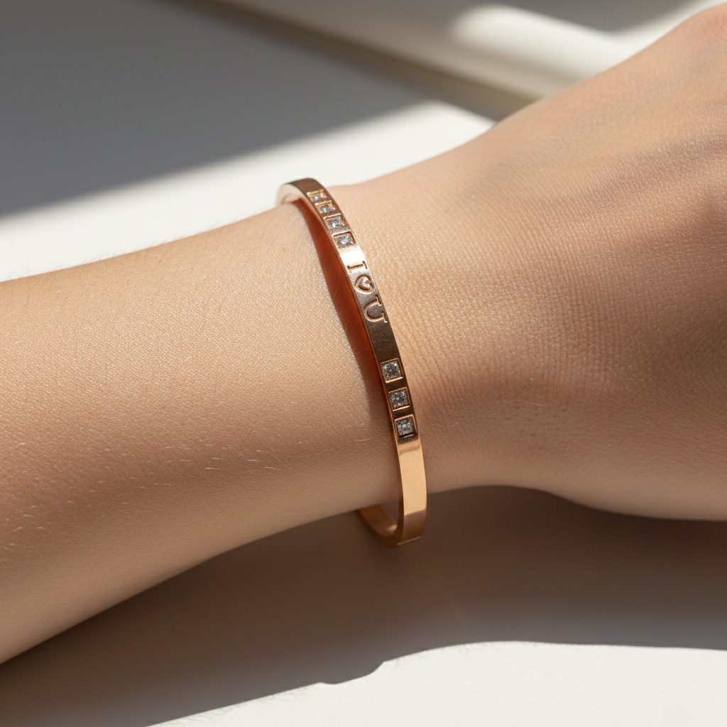 “I Love You” Moissanite Bangle – Engraved Bracelet