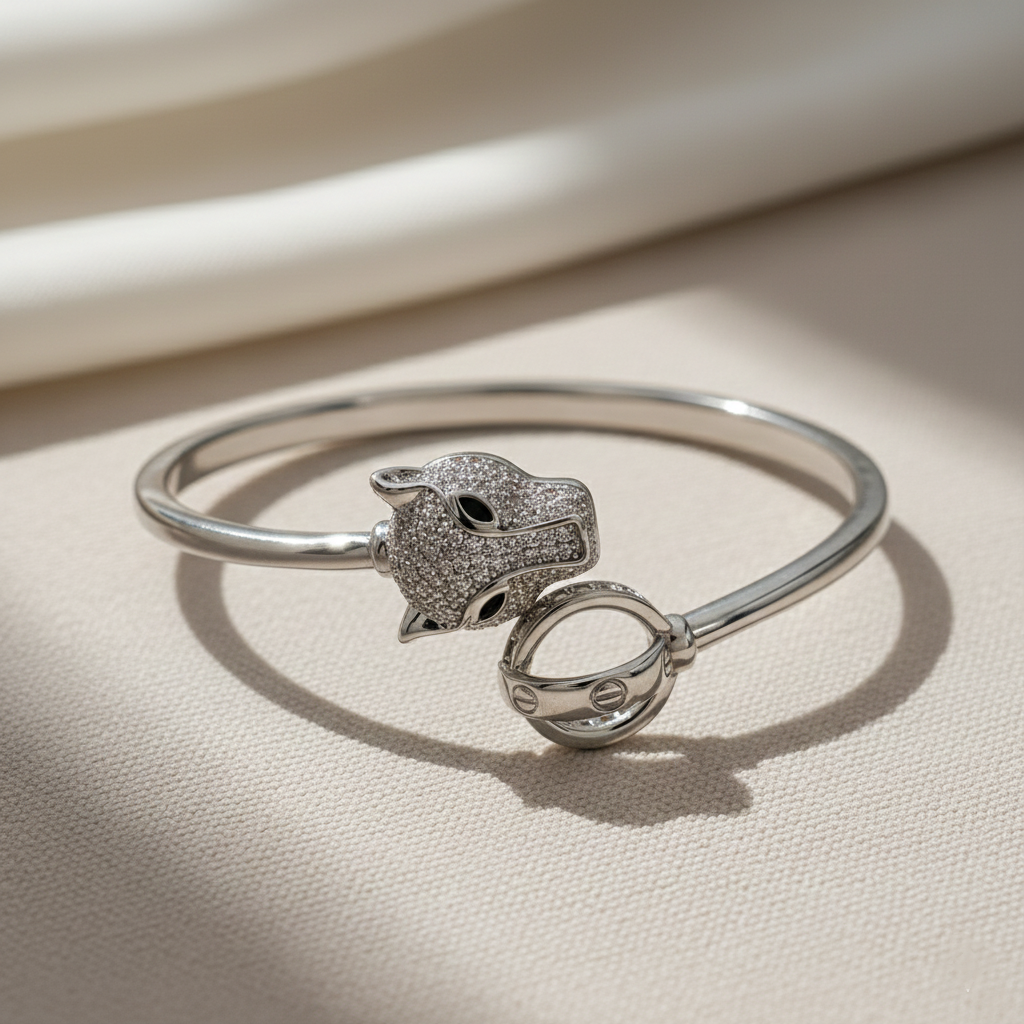 Moissanite Panther Head Bangle Bracelet