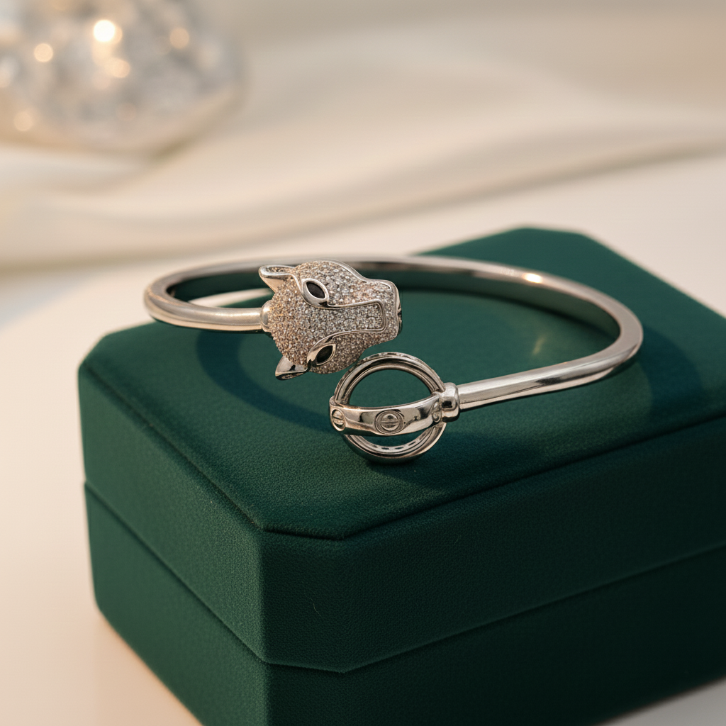Moissanite Panther Head Bangle Bracelet