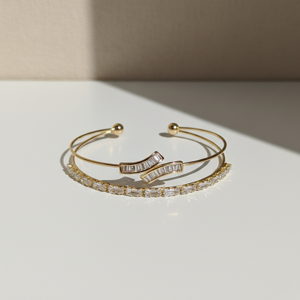 Gold Baguette Moissanite Cuff Bangle