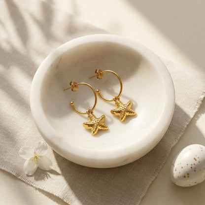 Golden Starfish Charm Hoop Earrings