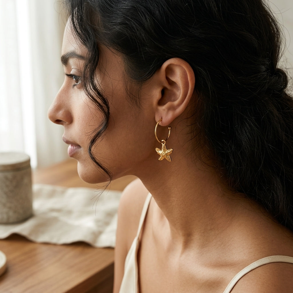 Golden Starfish Charm Hoop Earrings