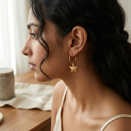 Golden Starfish Charm Hoop Earrings