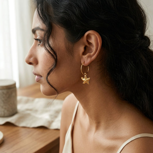 Golden Starfish Charm Hoop Earrings