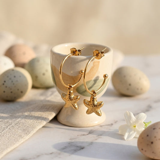 Golden Starfish Charm Hoop Earrings