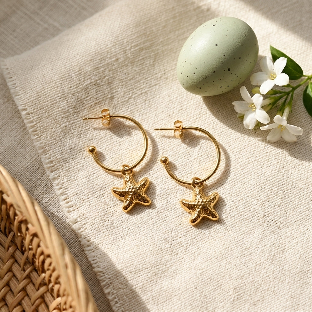 Golden Starfish Charm Hoop Earrings