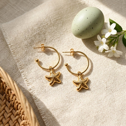 Golden Starfish Charm Hoop Earrings