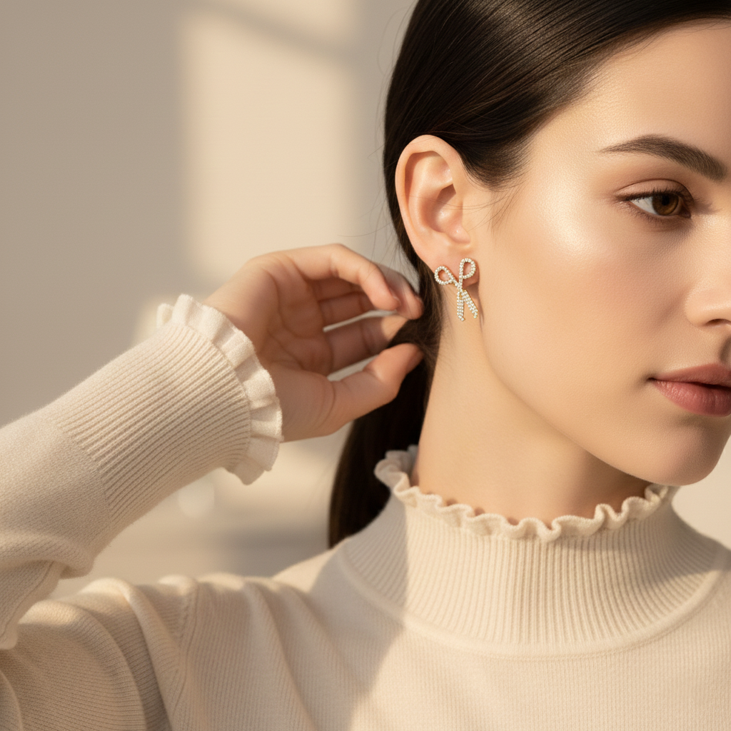 Gold Scissor Stud Earrings with CZ Stones