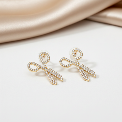 Gold Scissor Stud Earrings with CZ Stones