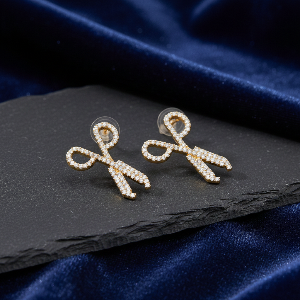 Gold Scissor Stud Earrings with CZ Stones