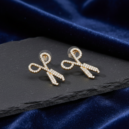 Gold Scissor Stud Earrings with CZ Stones