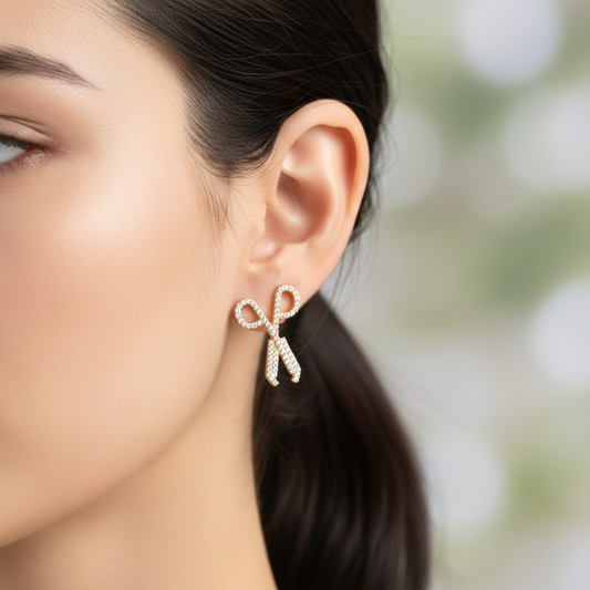 Gold Scissor Stud Earrings with CZ Stones