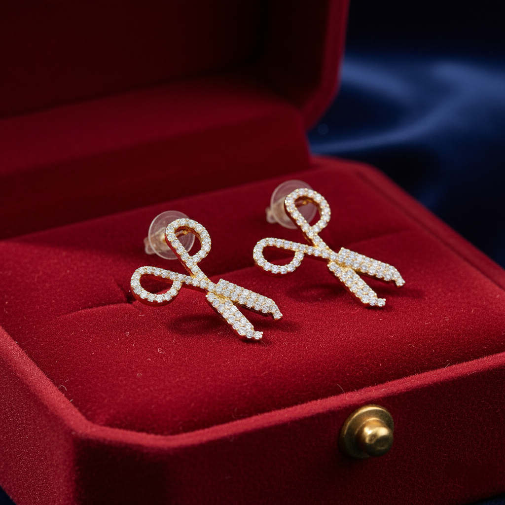 Gold Scissor Stud Earrings with CZ Stones