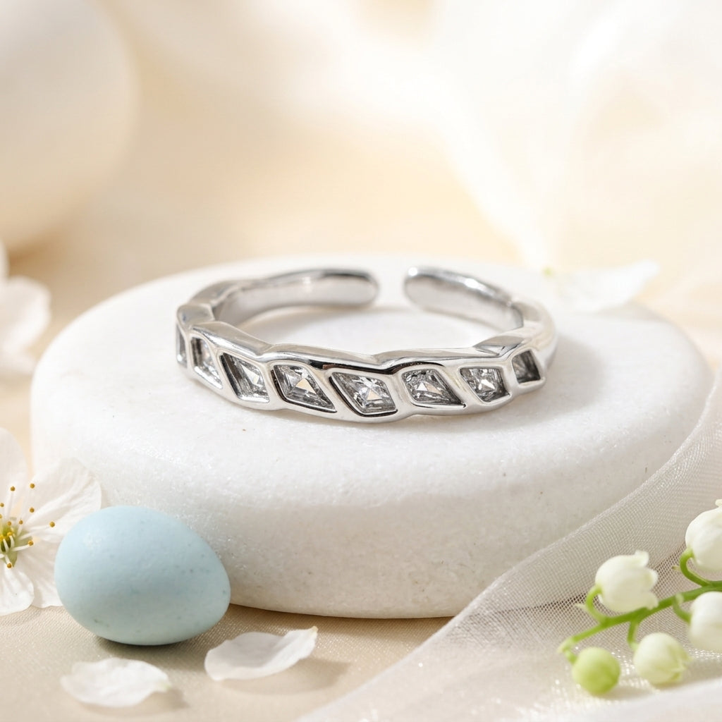 Silver Geometric Crystal Open Ring