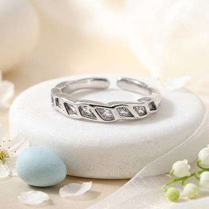 Silver Geometric Crystal Open Ring