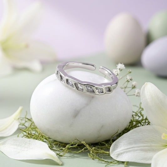 Silver Geometric Crystal Open Ring