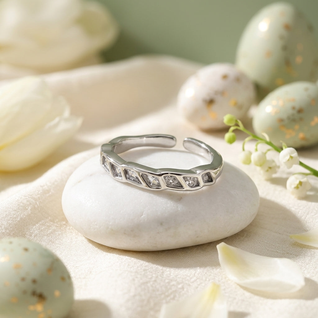 Silver Geometric Crystal Open Ring