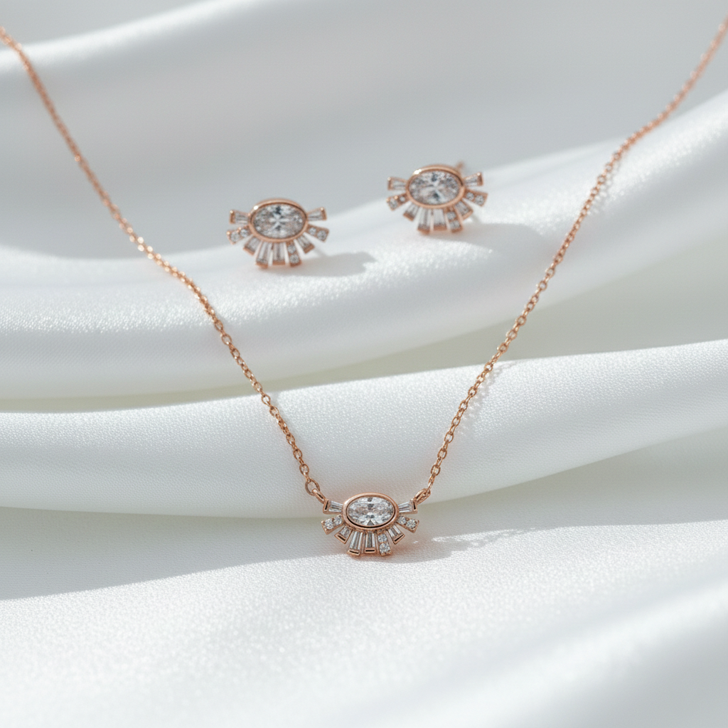 Sunburst Crystal Necklace & Stud Earrings Jewelry Set
