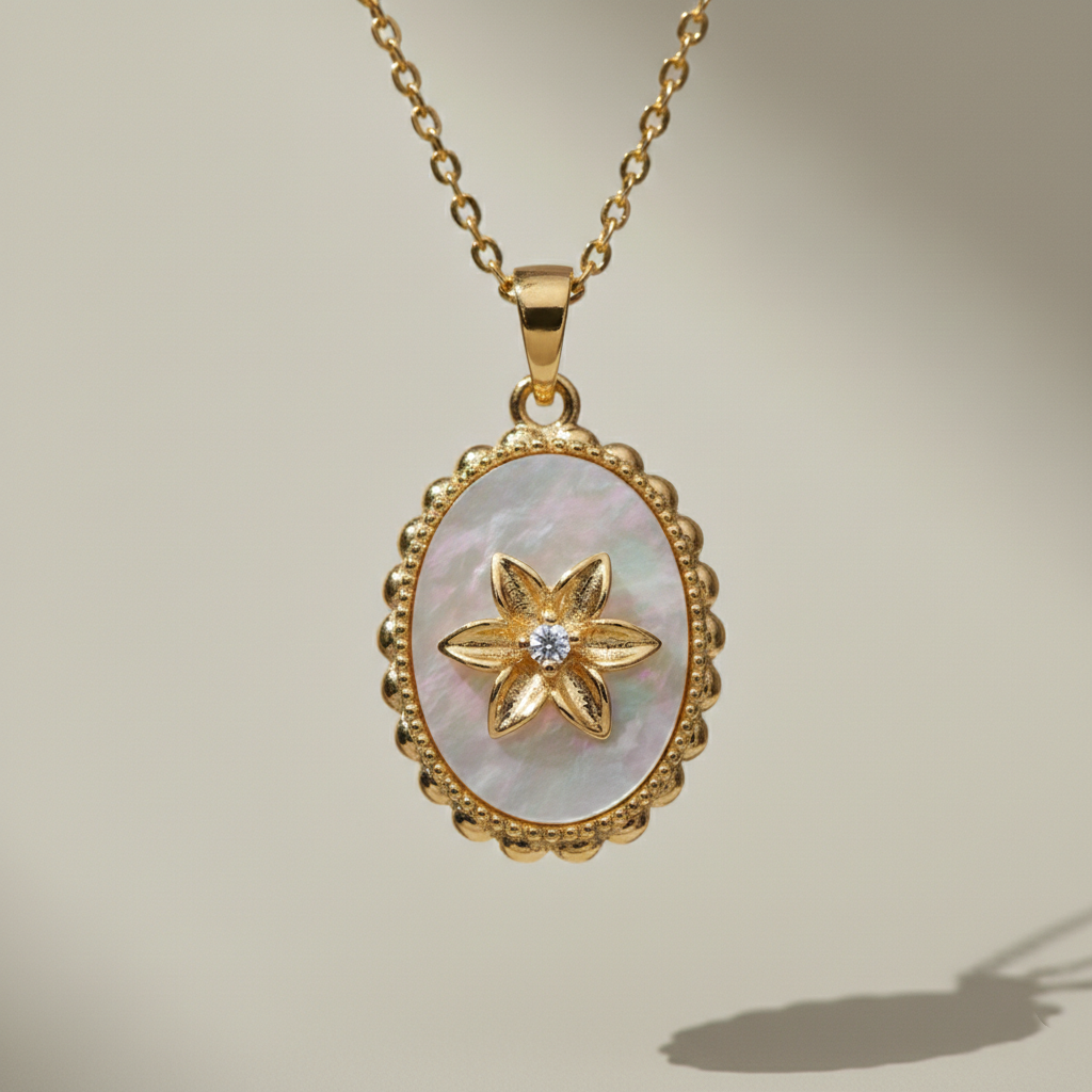 MOP Flower Oval Pendant Necklace