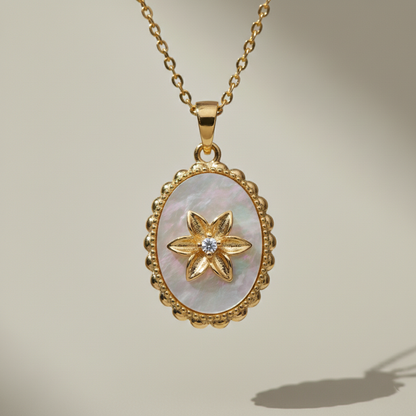 MOP Flower Oval Pendant Necklace