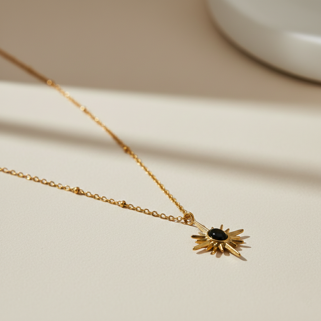 Gold Sunburst Black Stone Pendant Necklace