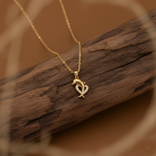 Golden Dolphin Heart Pendant Necklace
