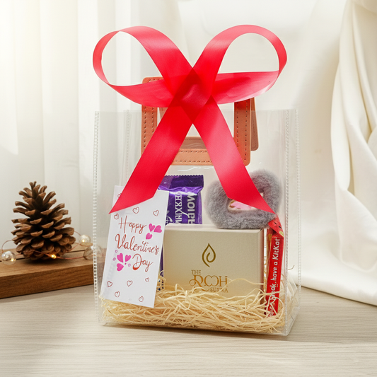 Love & Luxe Mini Gift Hamper – Necklace Set, Chocolates & Furry Scrunchie