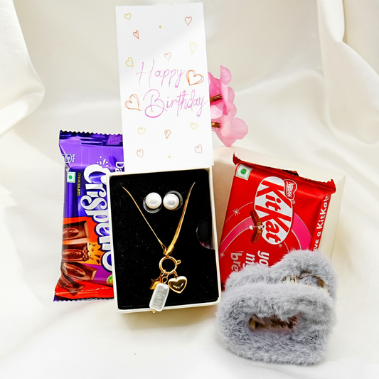 Love & Luxe Mini Gift Hamper – Necklace Set, Chocolates & Furry Scrunchie