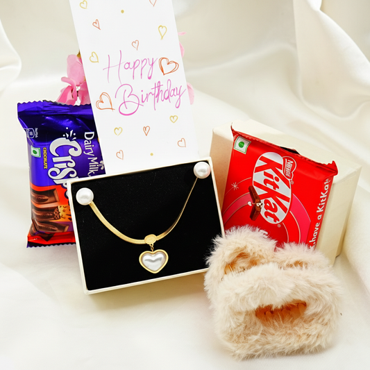 MOP Jewelry Gift Hamper – Heart Necklace Set, Chocolates & Greeting Card