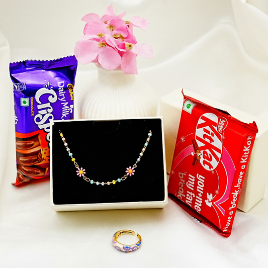 Jewelry Gift Hamper for Her | Floral Necklace, Enamel Ring & Chocolates