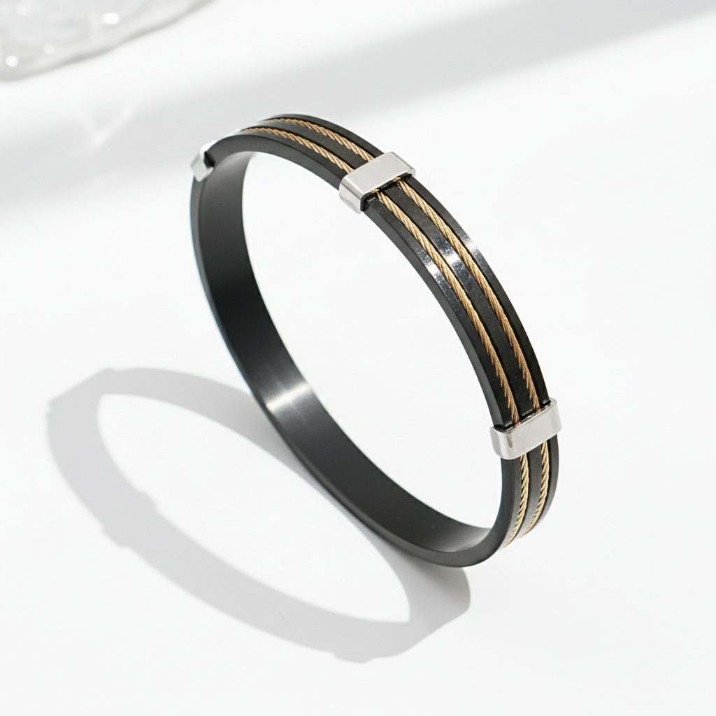 Men’s Black Stainless Steel Bracelet with Gold Cable Inlay